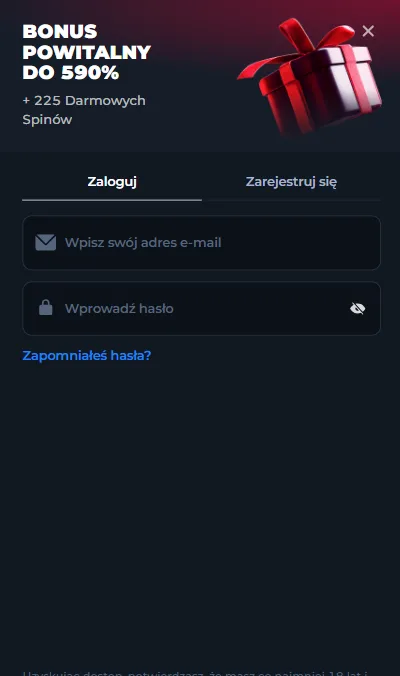 Okno logowania BetFury Casino - formularz e-mail i hasło